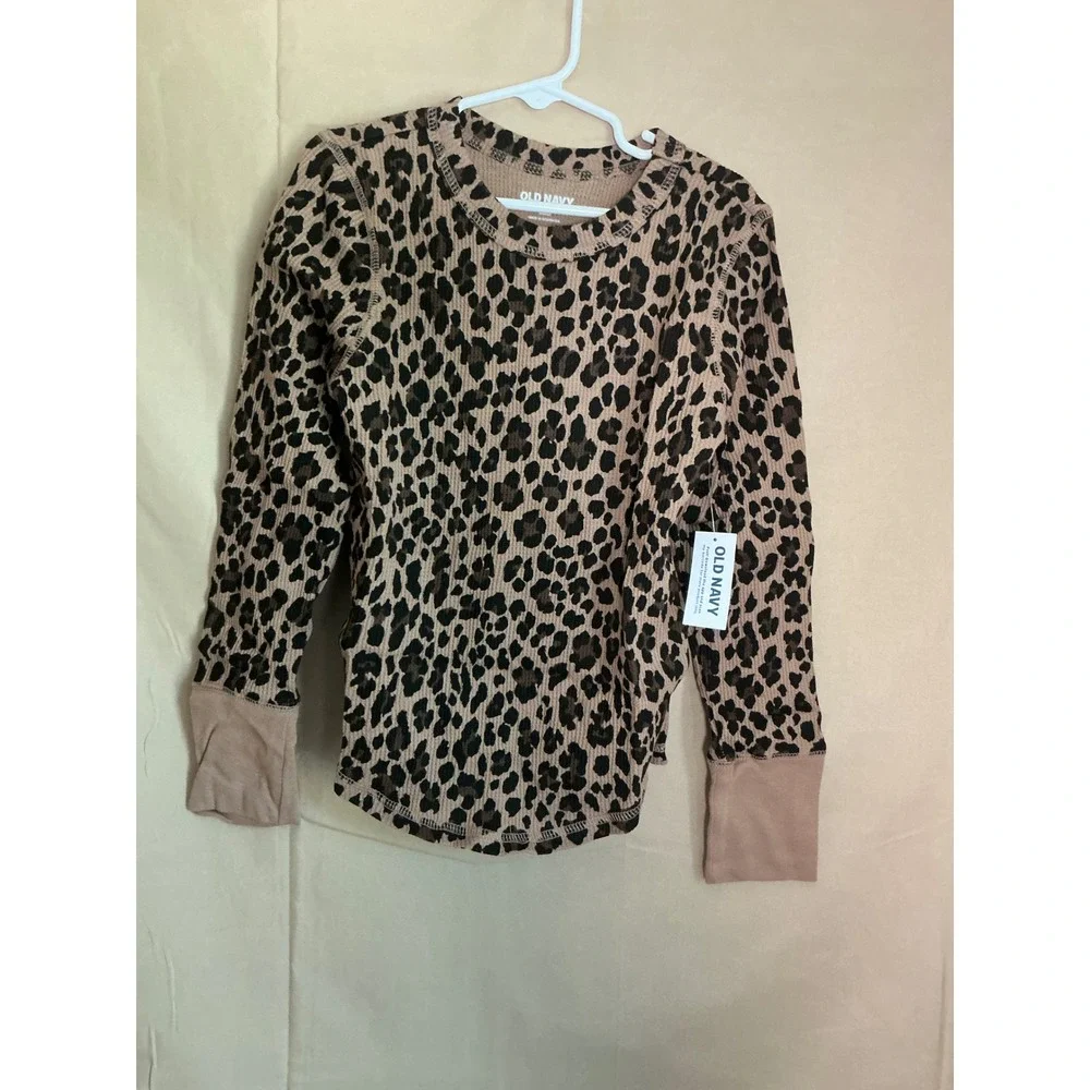 Old Navy Waffle Knit Top Youth M 8 Tan Leopard NWT Thermal Crew Neck 812472